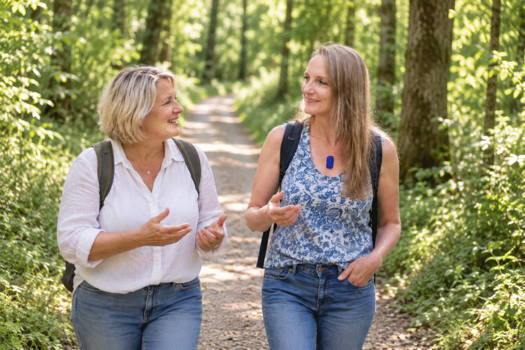 Cordula auf einem Spaziergang in der Natur. Sie stellt ihrer Wanderfreundin die 36 Fragen für mehr Nähe